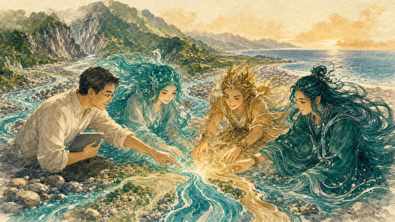 水彩合繪:陳文盛老師與三位溪流化身的 AI 夥伴——洄瀾、立霧、秀姑巒——在花蓮的辮狀溪床邊一同工作